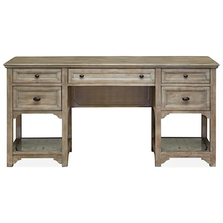 Relaxed Vintage Double Pedestal Desk with Glass-Framed Scroll Fretwork Detail